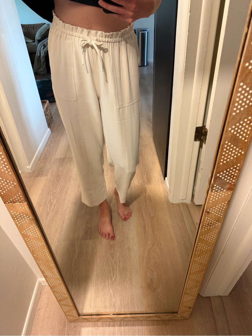 Neutral Drawstring Waist Crop Pants - Women